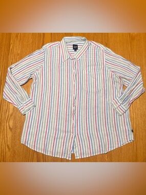 GAP Women's White Button-Down Shirt with Pink, Blue & Green Stripes